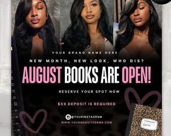 Puede incluir: Una plantilla de folleto editable con tres retratos de una persona con cabello largo y oscuro. El texto dice: NAY CHANEL DESIGNS, EDITABLE FLYER TEMPLATE, YOUR BRAND NAME HERE, NEW MONTH, NEW LOOK, WHO DIS?, AUGUST BOOKS ARE OPEN!, RESERVE YOUR SPOT NOW, $XX DEPOSIT IS REQUIRED, @YOURINSTAGRAM, WWW.YOURWEBSITENAME.COM.