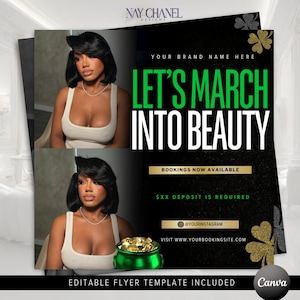 May include: A black and green flyer with a woman in a white tank top. The flyer says "Let's March Into Beauty" and has the text "Bookings Now Available" and "SXX Deposit is Required".