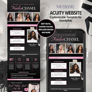 Puede incluir: Una plantilla de sitio web Acuity personalizable para peluqueros con un esquema de color negro y rosa. El diseño incluye secciones para horarios, información de contacto, ubicación y políticas de reserva, mostrado en un smartphone y formato vertical.