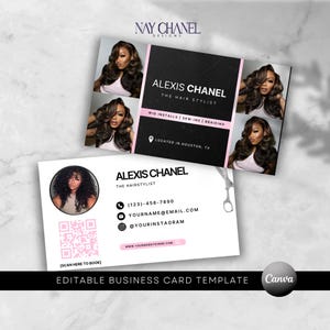Plantilla de tarjeta de presentación DIY para cabello, pestañas, maquillaje y uñas - Tarjeta de presentación con código QR para pelucas y trenzas - Plantilla editable de Canva