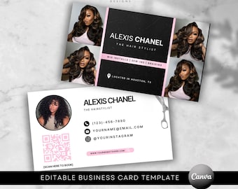 May include: A business card template for Alexis Chanel, a hairstylist. The card features a black and pink design with photos of hairstyles, contact information, and the text "Wig Installs | Sew-Ins | Braiding". The template is editable in Canva.