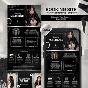 May include: A black and white Acuity Scheduling booking site template featuring the text Styled by MIA CHANEL, business hours, contact information, and policy sections. The design includes a circular profile photo and a smartphone mockup.