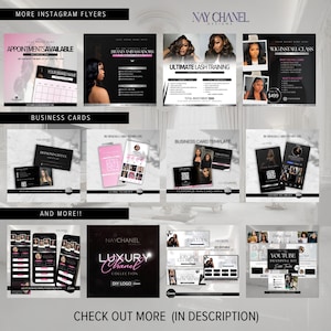 May include: A collection of digital marketing templates by Nay Chanel Designs, including Instagram flyers for appointments, lash training, and wig classes, business card templates, logo designs, and YouTube branding kits in black, white, and pink.