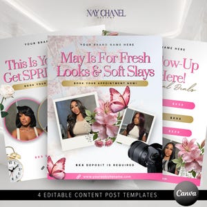 May include: Four editable content post templates with a beauty theme. The templates feature pink and gold accents, floral and butterfly graphics, and the text "May Is For Fresh Looks & Soft Slays". Includes photos of a woman.