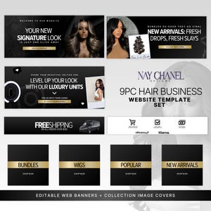 May include: A black and gold website template set for a hair business. The image includes banners with text like "Your New Signature Look" and "New Arrivals: Fresh Drops, Fresh Slays." It also features images of hair bundles and models.