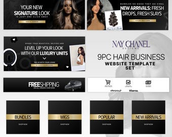May include: A black and gold website template set for a hair business. The image includes banners with text like "Your New Signature Look" and "New Arrivals: Fresh Drops, Fresh Slays." It also features images of hair bundles and models.