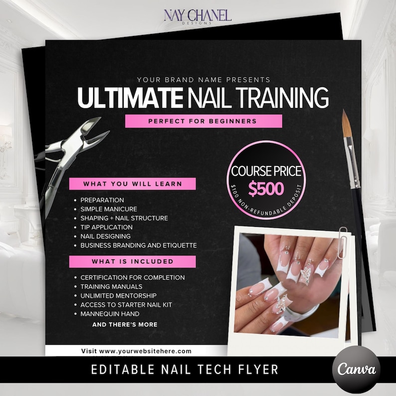 Pu&ograve; includere: Volantino nero per la formazione di tecnici delle unghie. Il volantino include il testo "Ultimate Nail Training" e "Perfect for Beginners". Elenca i contenuti del corso e le inclusioni. &Egrave; inclusa una foto di una mano con nail art. Design modificabile.