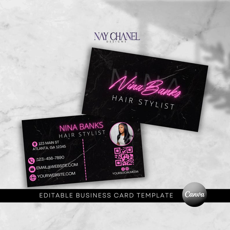 May include: Editable business card template with a black background and pink neon text. The text reads "Nina Banks Hair Stylist". A photo of a woman with long black hair is in the corner of the card. The card also includes contact information, a QR code, and the text "Your Social Media".