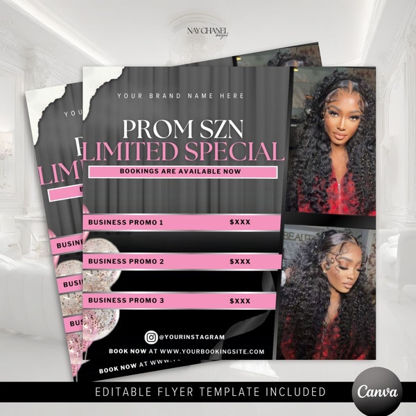 DIY Editable Prom Special Booking Flyer Template - Hair Lash Makeup Nail Appointments Available Flyer