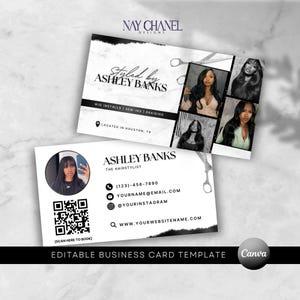 Modelo de cartão de visita DIY para maquiagem de cílios e unhas - Cartão de visita com código QR para peruca e trança - Modelo editável do Canva