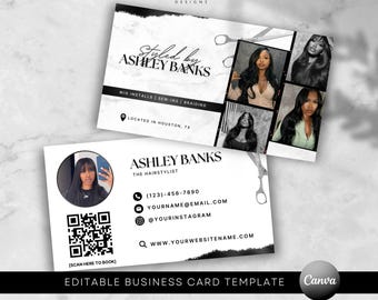 Puede incluir: Una plantilla de tarjeta de presentación blanca y negra con el texto Styled by ASHLEY BANKS, WIG INSTALLS | SEW-INS | BRAIDING, LOCATED IN HOUSTON, TX, ASHLEY BANKS THE HAIRSTYLIST, datos de contacto, un código QR con SCAN HERE TO BOOK y marcos.