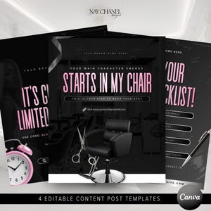 Peut inclure: Quatre modèles de publication de contenu noirs et roses. Le modèle central indique "Your Main Character Energy Starts in My Chair". D'autres modèles incluent du texte comme "It's G' Limited" et "Your Checklist!" Une horloge rose et des ciseaux sont également visibles.