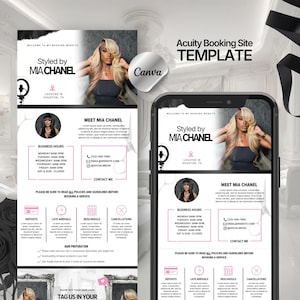 Puede incluir: Una plantilla de sitio web de reservas digitales para una estilista llamada Mia Chanel, con un diseño en blanco y negro, una foto de una persona rubia, horario comercial, información de contacto y políticas, en una pantalla de smartphone.