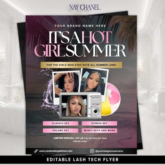 Hot Girl Summer Booking Flyer Template | June Lash Tech Canva Flyer