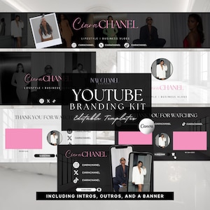 May include: A YouTube branding kit with editable templates, including intros, outros, and a banner. The design features the name "Ciara Chanel" in a pink script font, with social media icons and the text "Lifestyle | Business Vlogs."