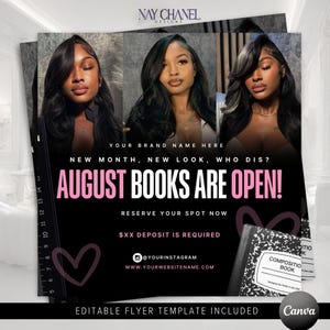 Puede incluir: Folleto negro con tres retratos de mujeres, texto: "AUGUST BOOKS ARE OPEN!" y "RESERVE YOUR SPOT NOW." Incluye redes sociales y sitio web. Se ve un cuaderno de composición. El folleto es una plantilla editable.