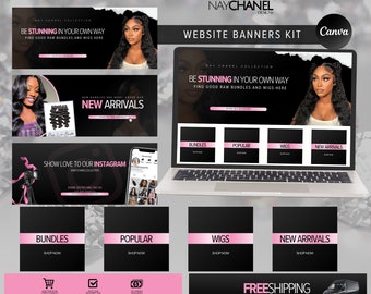 May include: Website banner design kit for a hair extensions business called NayChanel Designs. The banners feature a black background with pink accents and text that says "Be Stunning in Your Own Way" and "Find Good Raw Bundles and Wigs Here". The banners also include images of women with long, flowing hair.