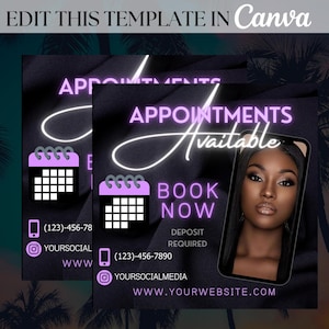 Book Now Flyer Template - Appointments Available Flyer - Hair, Cosmetic Makeup Lashes, Nails - Instant Download