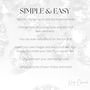 Pu&ograve; includere: Uno sfondo bianco con un motivo a diamante e testo che recita "SIMPLE & EASY". Il testo sotto elenca diversi modi per personalizzare un design, tra cui cambiare i font, aggiungere effetti e caricare immagini.