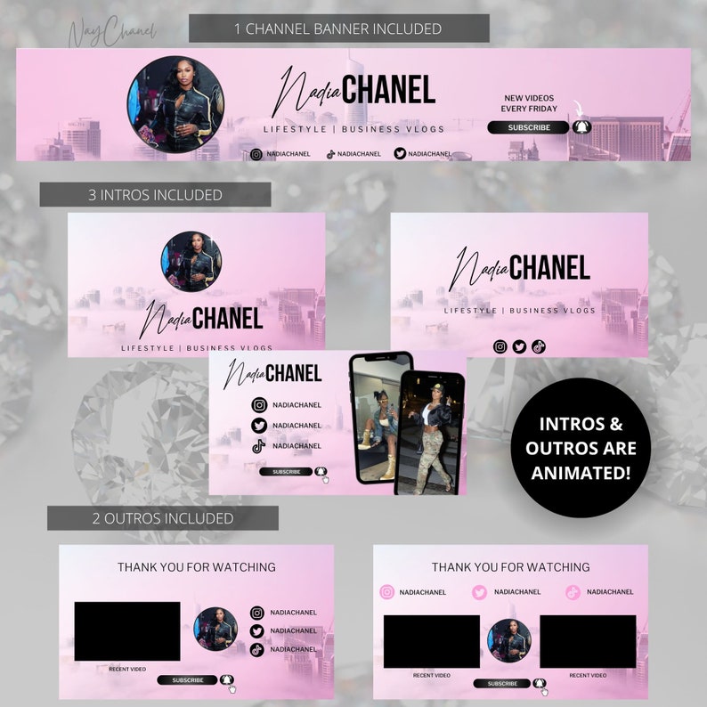May include: A pink and white YouTube channel banner with the text "Nadia Chanel" and "Lifestyle | Business Vlogs". The banner includes social media icons and a subscribe button. The banner also includes a pink and white intro and outro screen with the text "Nadia Chanel" and "Lifestyle | Business Vlogs". The intro and outro screens include social media icons and a subscribe button. The intro and outro screens also include animated intros and outros.