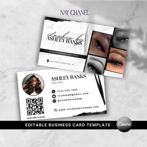 May include: A business card template for a lash technician, featuring the name "Ashley Banks" and contact details. The design includes a photo, examples of lash extensions, and a QR code. The text "Editable Business Card Template" is also present.
