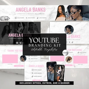 May include: A YouTube branding kit featuring editable templates with a white marble background and pink text. The design includes banners, profile pictures, and end screens with the name Angela Banks, social media handles, and Canva branding.