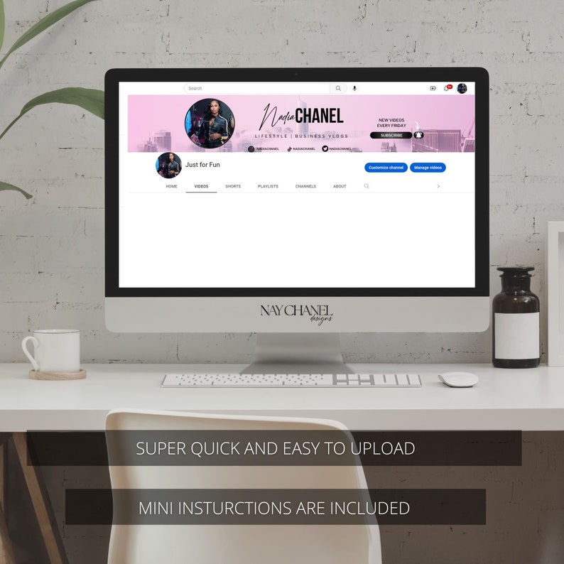 May include: A computer screen displaying a YouTube channel banner with a pink and white background. The banner features a woman's headshot, the text "NAY CHANEL", and the words "LIFESTYLE | BUSINESS VIDEOS". The text "Just for Fun" is displayed below the banner.