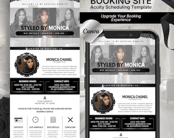 Może przedstawiać: Czarno-biały szablon strony rezerwacyjnej dla Acuity Scheduling z tekstem Styled by Monica, wig installs, braiding i sew-ins. Układ zawiera godziny otwarcia, dane kontaktowe, lokalizację oraz ikony zasad dla stylisty fryzur.