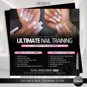 Op de afbeelding: Zwarte en roze flyer die Ultimate Nail Training promoot. De flyer bevat afbeeldingen van gemanicuurde nagels en vermeldt onderwerpen als voorbereiding, manicure, nagelstructuur en tip-applicatie.