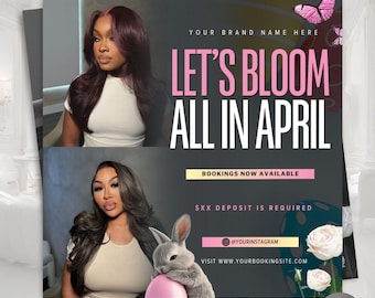 Modello di volantino per prenotazioni di aprile - Prenotazioni primaverili - Volantino per appuntamenti di Pasqua - Prenota ora un appuntamento per capelli, ciglia, trucco e unghie - Modello Canva