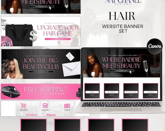 May include: Website banner set for a hair company called Nay Chanel Designs. The banner features a black and pink color scheme with the text "Where Baddie Meets Beauty" and "Upgrade Your Hair Game". The banner also includes images of hair extensions, wigs, and other hair products.