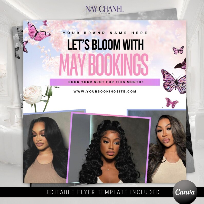 K&ouml;nnte beinhalten: Ein rosa-blauer Flyer mit dem Text "Let's Bloom with May Bookings" und einer Website-Adresse. Der Flyer zeigt Bilder von Schmetterlingen und Rosen sowie drei Frauen mit verschiedenen Frisuren.