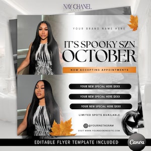 Pode incluir: Modelo de flyer com a imagem de uma mulher, o texto "IT'S SPOOKY SZN OCTOBER" e a frase "NOW ACCEPTING APPOINTMENTS". Inclui espaço para ofertas especiais, redes sociais e um gráfico de abóbora.