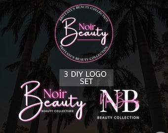 May include: A set of three DIY logos for "Noir Beauty" in a pink and white color scheme. The logos include the full name, initials, and a circular design, all set against a backdrop of palm trees. Text reads "Edit text, change colors, and more."