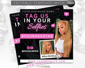 Editable Tag Us Flyer Template - DIY Hair Lash Makeup Nail Selfie Tag Flyer - Social Media Tag Us With Selfies Beauty Flyer