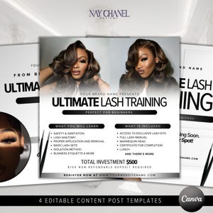 Puede incluir: Gráfico promocional para Ultimate Lash Training, con dos mujeres con el pelo peinado. El diseño incluye texto que detalla el contenido del curso, como seguridad, anatomía de las pestañas y aplicación. La inversión total es de 500 $, con un depósito no reembolsable de 150 $.