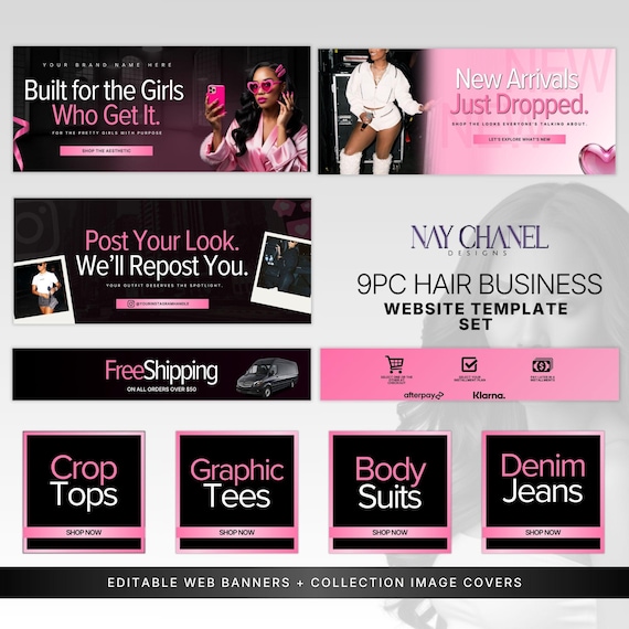 Pink Fashion Boutique Website Template | Shopify Wix Clothing Brand Banners | Editable Canva