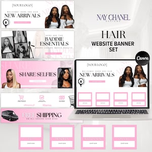 May include: Pink and white website banner set for a hair company. The banners feature images of women with long, curly hair and text that says "New Arrivals", "Baddie Essentials", "Share Selfies", "Free Shipping", "Wigs", "Bundles", "What's New", and "On Sale".