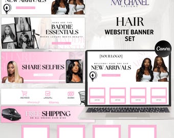 May include: Pink and white website banner set for a hair company. The banners feature images of women with long, curly hair and text that says "New Arrivals", "Baddie Essentials", "Share Selfies", "Free Shipping", "Wigs", "Bundles", "What's New", and "On Sale".