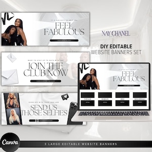 May include: Three website banners with a white background and black text. The first banner says "Feel Fabulous" with a black and white image of two women. The second banner says "Join the Club Now" with a white envelope. The third banner says "Send Us Those Selfies" with a black and white image of two women.