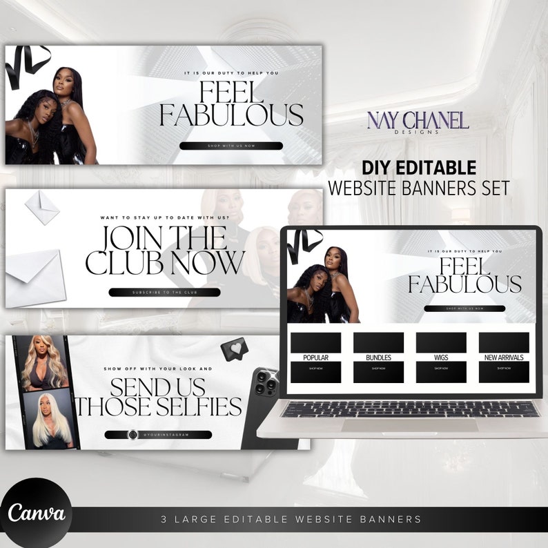 May include: Three website banners with a white background and black text. The first banner says "Feel Fabulous" with a black and white image of two women. The second banner says "Join the Club Now" with a white envelope. The third banner says "Send Us Those Selfies" with a black and white image of two women.