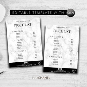 May include: Two black and white price lists with a marble background. The price lists are for a business and list different services and prices. The text on the price lists reads "Your Business Name" and "Price List".