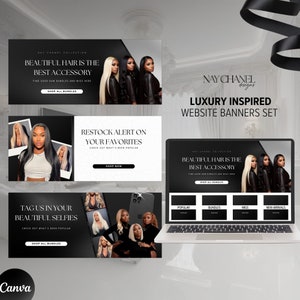 May include: A set of website banners for a hair extensions business. The banners feature black and white images of women with long, flowing hair. The text on the banners includes "Beautiful Hair is the Best Accessory", "Restock Alert on Your Favorites", "Tag Us in Your Beautiful Selfies", and "Shop All Bundles".
