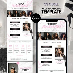 May include: A digital marketing template for a hair stylist, featuring the text "STYLED BY ASHLEY BANKS" and "WIG INSTALLS | SEW-INS | BRAIDING." The design includes business hours, contact info, and a location in Houston, TX. The template is designed for online booking.