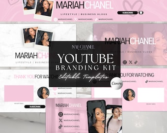 Pink Youtube Branding Kit - Youtube Banner,  Intro and Outro Designs - Editable Canva Templates