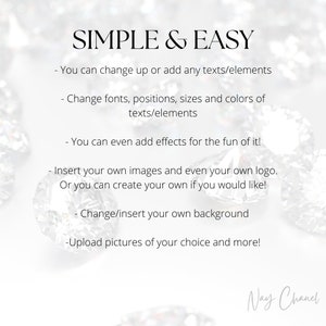 May include: A white background with a diamond pattern and text that reads "SIMPLE & EASY". The text below lists several ways to customize a design, including changing fonts, adding effects, and uploading pictures.