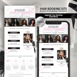 May include: A digital hair booking site template for Acuity Scheduling featuring a white marble background with pink accents. It displays the text Styled by Ashley Banks, business hours, contact info, location, and photos of hair styling services.