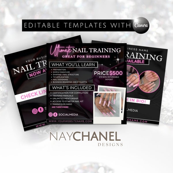 DIY Editable Nail Training Class Flyer Bundle - Nail Course Flyer Template - Nail Appointment Booking Social Media Hair Lash Makeup Flyer