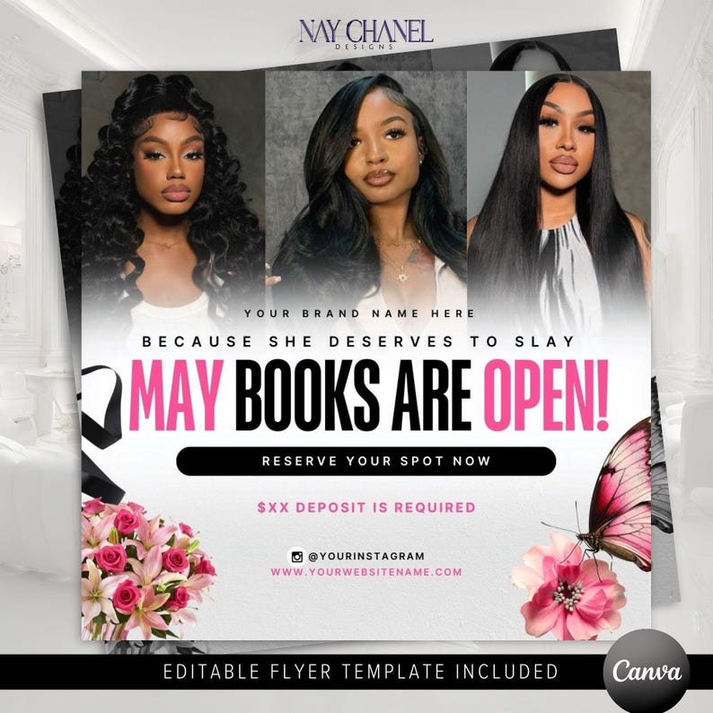 K&ouml;nnte beinhalten: Ein rosa und schwarzer Flyer mit dem Text "MAY BOOKS ARE OPEN!" und den Worten "YOUR BRAND NAME HERE" und "RESERVE YOUR SPOT NOW". Der Flyer enth&auml;lt auch eine Schmetterlingsgrafik und rosa Blumen.