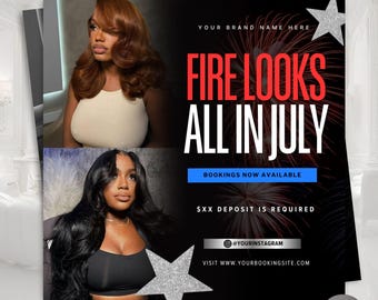 July Booking Flyer | Summer Bookings Hair Stylist Lash MUA Business | 4th of July Flyer | Books Open |DIY Hair Flyer Canva Template